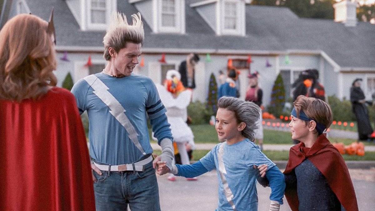 Halloween in Westview! Pietro shouts “unleash hell, demon spawn” at the twins, only spicing up theories of Mephisto’s existence.In the comics they were created using parts of his soul. Mephisto is a devil.He also says- “Damnit, if Westview isn’t as charming as Hell”.