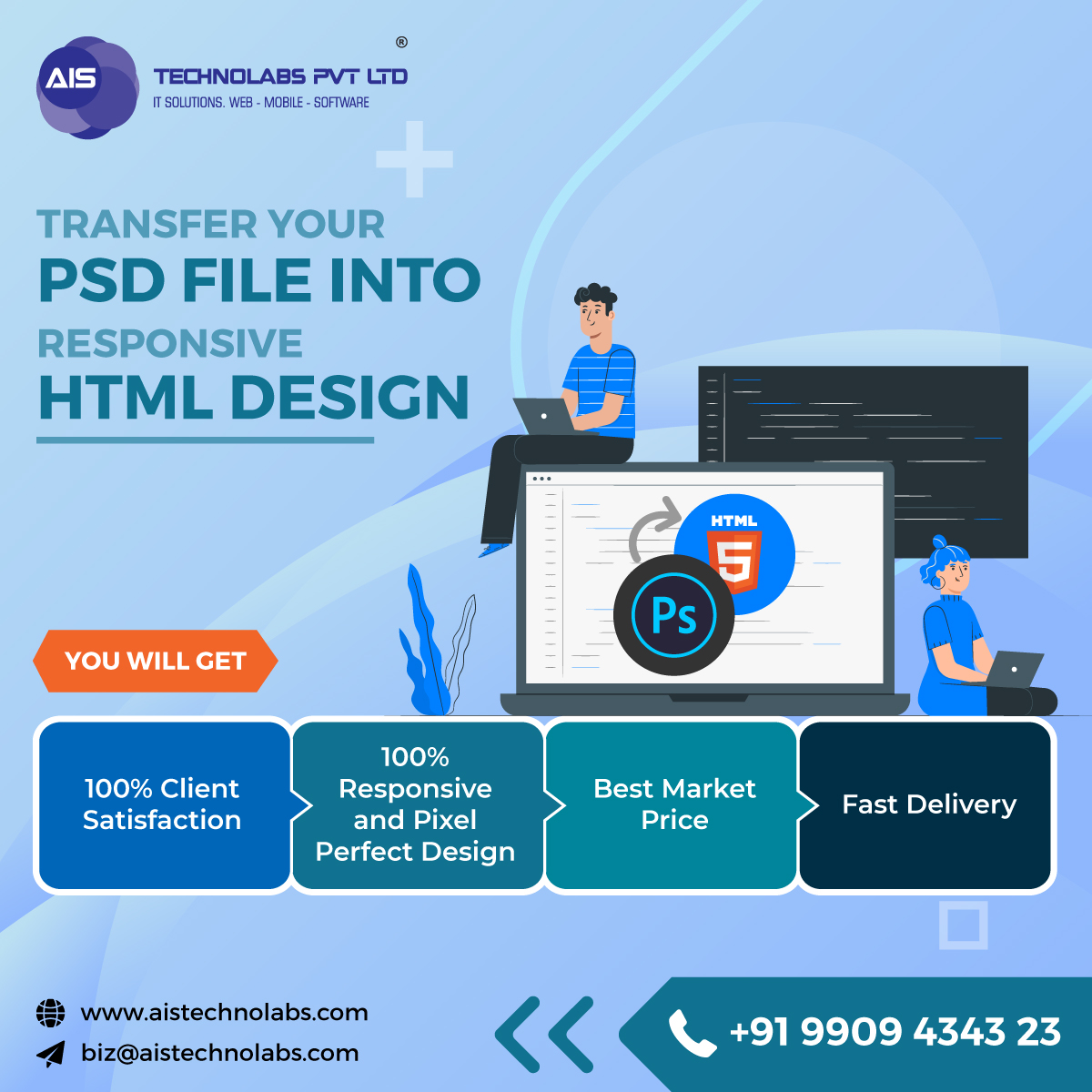 aistechnolabs's tweet image. Looking to transfer the #PSD file into responsive #HTMLdesign service❓ AIS Technolabs have dedicated team to full fill this requirement🎯🌐
Get in touch with us on the Call📞 (+91 99094 34323) or Email📩 (biz@aistechnolabs.com) to get reliable PSD to HTML conversion service.