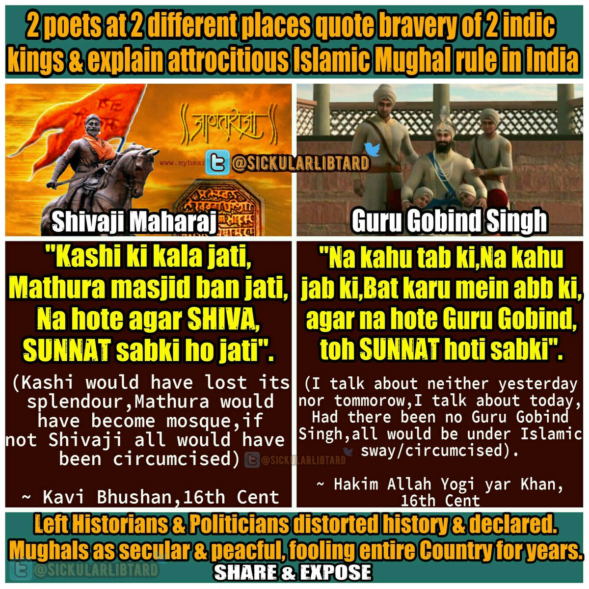 "Kashi Ki Kala Jati,Mathura masjid ban jati,Na hote agar SHIVAJI,Sunnate sabki ho jati."2 poets quote bravery of 2 Indic kings & attrocities of Mughals which Left Historians conviniently forget.Shiv Jayanti #ShivajiMaharaj  #chatrapatishivajimaharaj