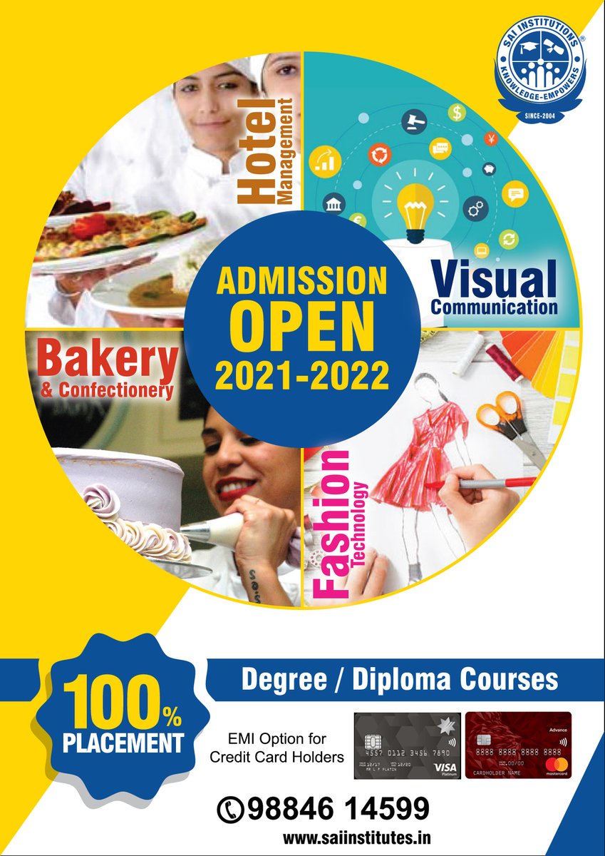 Admission Open for Degree/Diploma Courses Viscom, Fashion,Hotel Management,Bakery
#Visualcommunication #FashionDesigning #HotelManagement #Bakery #CareerAfter12th #CareerAfter10th #Photography #Learning #Education #DegreePrograms #DiplomaPrograms #Achievements #Entrepreneurship