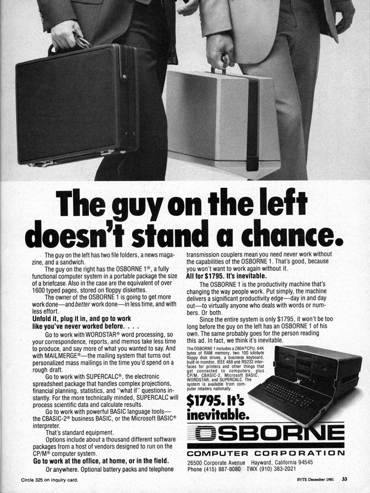 MIT_CSAIL's tweet photo. Released 40 years ago today: the Osborne 1, widely considered to be the first mobile computer.
Weight: 24 lbs
Screen-size: 5 inches
Memory: 64K
Cost: $5,200 in today's dollars https://t.co/ZUkzJVii0w