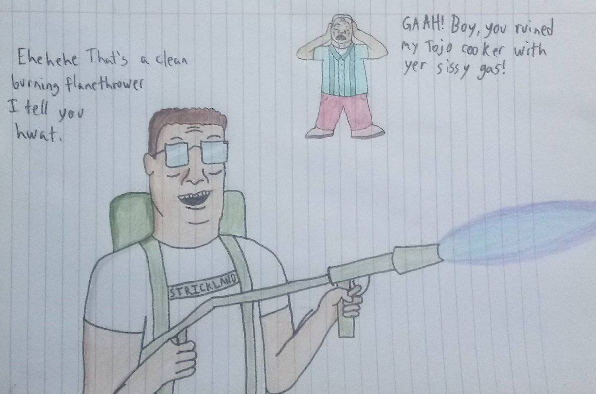 Wholesome_Hobo's tweet photo. This was a newer #drawrequest for Hank Hill with a flamethrower. Thought I'd throw in Cotton for comedic effect. The shading came out nice but as usually the hands still need work.
#kingofthehill https://t.co/QRDtesaSK2