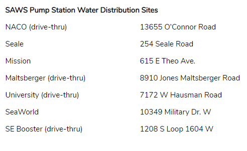 Ron_Nirenberg's tweet photo. [Please share]

.@MySAWS is opening bulk water distribution sites tomorrow, Feb. 19, at 12 p.m.

Limit of 5 gallons per person &amp; you will need your own jugs at these sites.

Feb. 19 - 12 p.m. to 6 p.m.

Every day after - 8 a.m. to 6 p.m. https://t.co/QGcViymExj