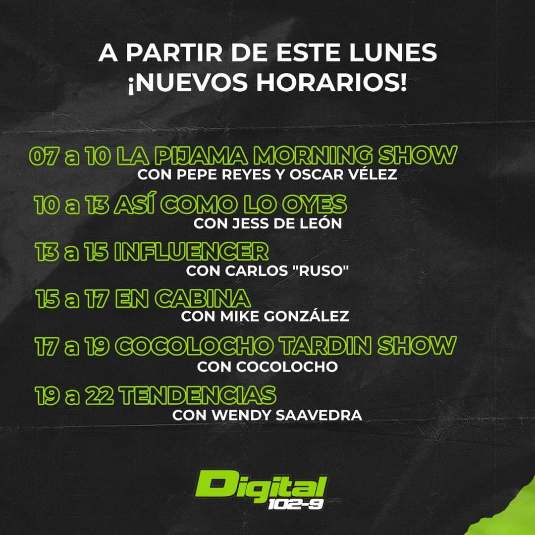 JerryTrakaTraka's tweet photo. Apartir de este lunes la barra de @_Digital_Mx 102.9 fm:
CAMBIA 😱😱😱

👏🏻🎉👏🏻🎉👏🏻🎉👏🏻🎉👏🏻🎉👏🏻🎉 https://t.co/ohV82tWLtl