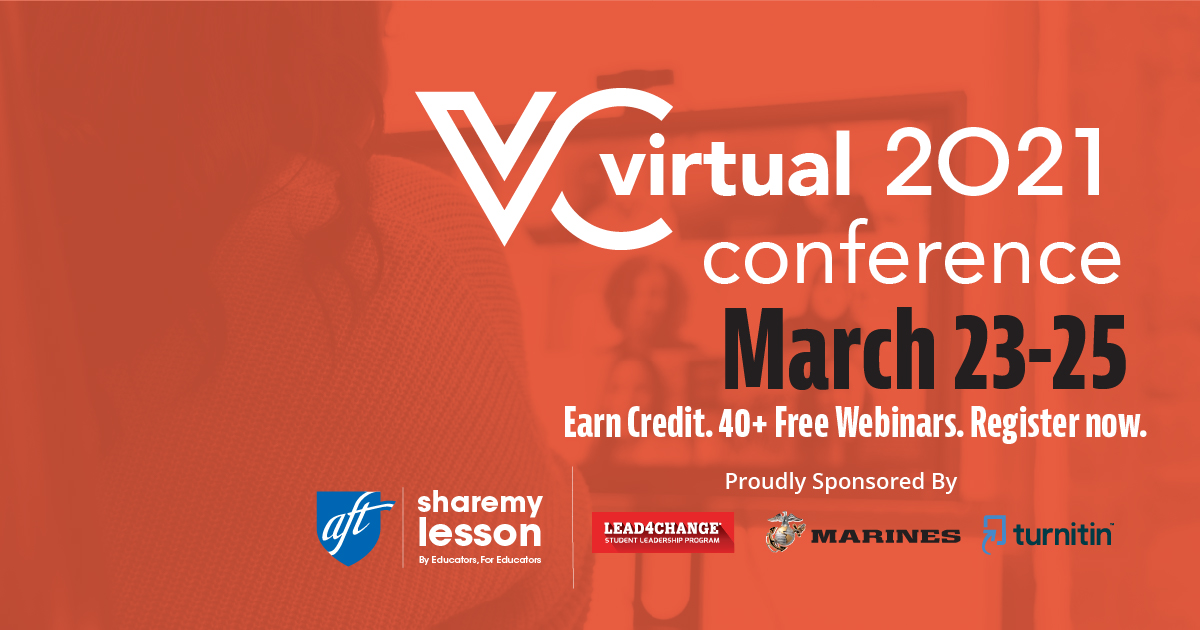 Join us! Register now for <a href="/AFTunion/">AFT</a> <a href="/sharemylesson/">ShareMyLesson</a>'s 2021 Virtual Conference March 23-25. 

Choose from 40+ free, for-credit webinars for preK-12 teachers, school staff and parents. Take a look! sharemylesson.com/vc2021