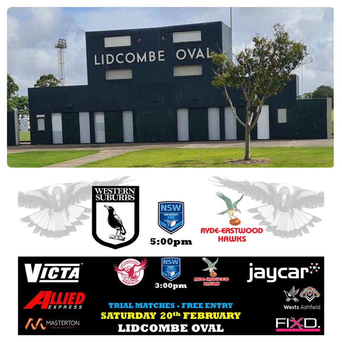 Tomorrow (Saturday Feb 20) <a href="/westsmagpies/">Western Suburbs Magpies</a> we will be hosting RMC &amp; Sydney Shield trials vs <a href="/RE_Hawks/">Ryde Eastwood Hawks</a> at Lidcombe Oval

- Free Entry to venue
- QR Code Sign In at Gate
- Hot Food &amp; Soft Drinks available 
- Magpies Merchandise Stall (Card Payments Only) 
- SS @ 3pm &amp; RMC @ 5pm