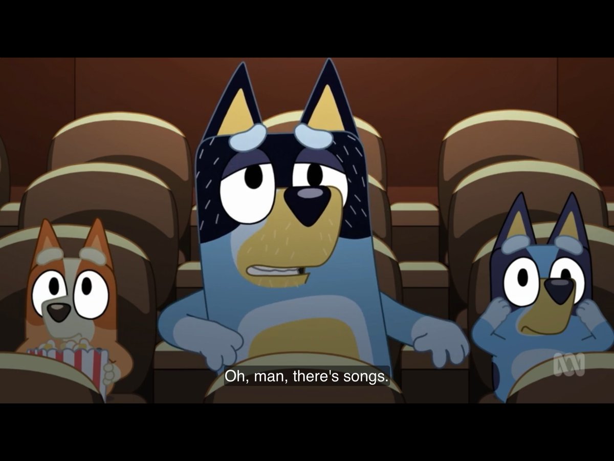 WithBluey's tweet photo. Straight out of real life... Can you feel Bandit’s pain when you sit with your kids to watch a movie that‘s filled with songs (aka musicals)? This is my husband turned into a dog cartoon, only thing is that he wouldn’t pay a cent to (willingly) go through this pain. #Bluey https://t.co/8hmVJ1WNlq