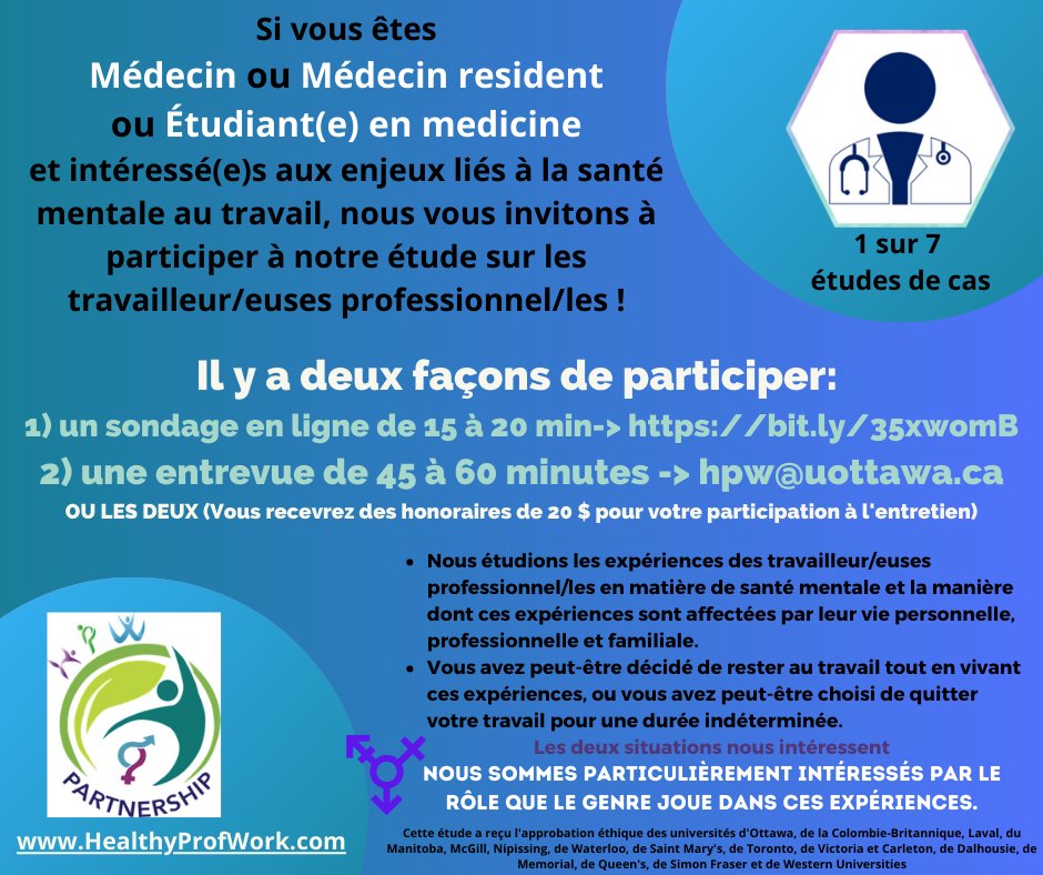 We know you're exhausted but if you're a medical student, resident or physician interested in mental health &amp; work, please take 15 min to do our survey bit.ly/3nk2gBf or interview: HPW@uottawa.ca Our partners are 
<a href="/CMA_Docs/">Canadian Medical Association</a>
<a href="/ResidentDoctors/">Resident Doctors</a>
&amp; 
<a href="/CFMSFEMC/">Canadian Medical Students</a>
&amp; we want change