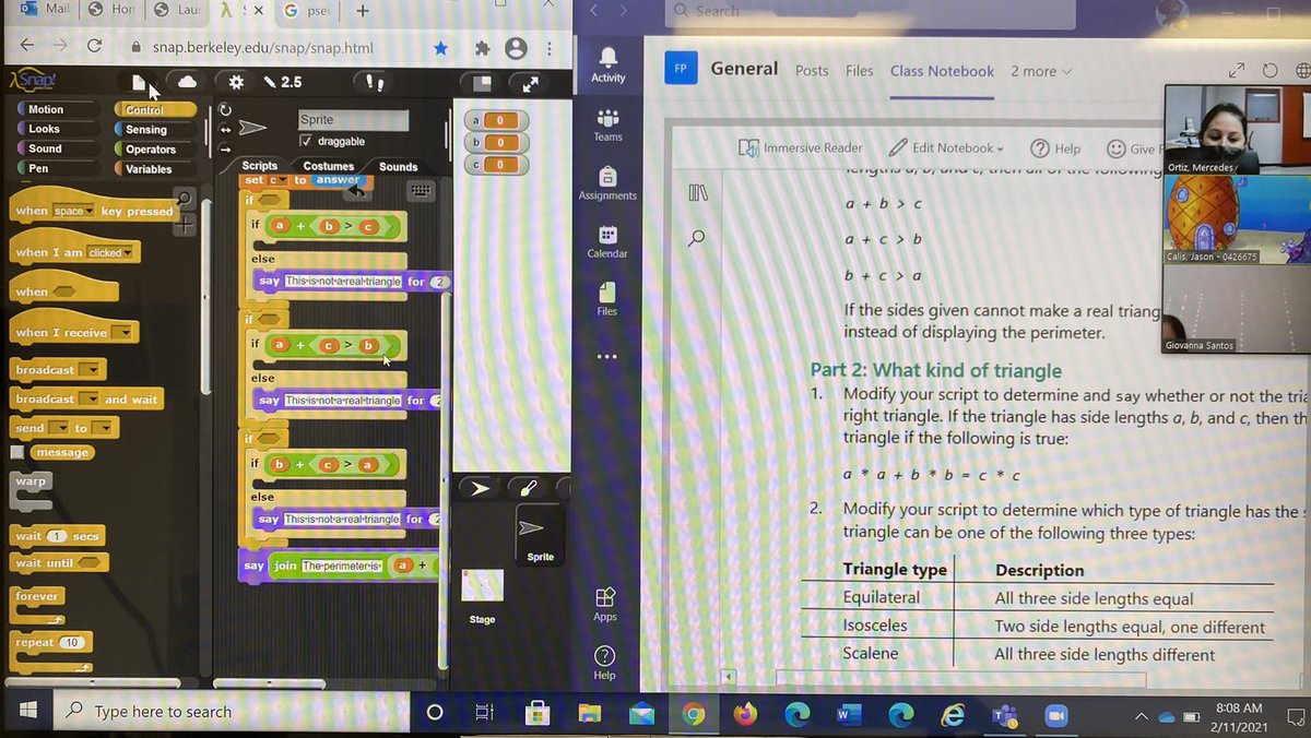 SpartanMagnet's tweet photo. Coding &amp; Geometry - Ms. Jimenez’ coding class collaborates with @TEALSProgram to create a program that will classify triangles on the basis of sides and angles. https://t.co/bo5gKioLRE