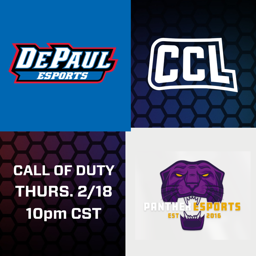 DPUCOD's tweet photo. 📢DePaul CoD VS @Madison_Esports &amp; @UNIPantherCoD📢

Join us for week 3 of @CollegeCoD League! 

We are currently 3-1, looking to advance to 5-1!

🕐Time: 8:30 &amp; 10pm CST

📺Streams:

https://t.co/r8oBFO4UEG
https://t.co/IE8Dj0cyTM
https://t.co/wMlEweTszl
https://t.co/1XXrdBChWg https://t.co/cTX4fSeakN