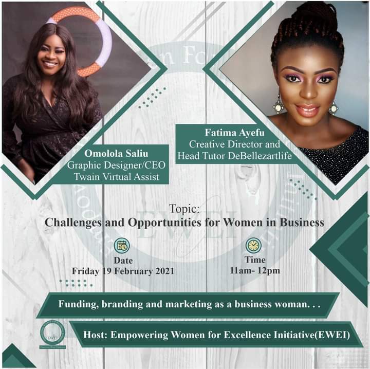 It's today ladies and gentlemen.
Join us alongside <a href="/PhateemahOA/">Phateemah A</a> and <a href="/omololsal/">Omolola Saliu</a> as we discuss the topic "Challenges and Opportunities for Women in Business".

Like our Facebook page to be part of the online conversation.👇👇

web.facebook.com/ewei.enligthen…

#EChat