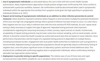 Please note that this thread focuses on opportunities for asymptomatic testing, generally best deployed at a repeating interval (e.g. 2x/wk). Other use cases include symptomatic testing in scenarios where standard testing/follow-up may not be feasible. From that HC document: /