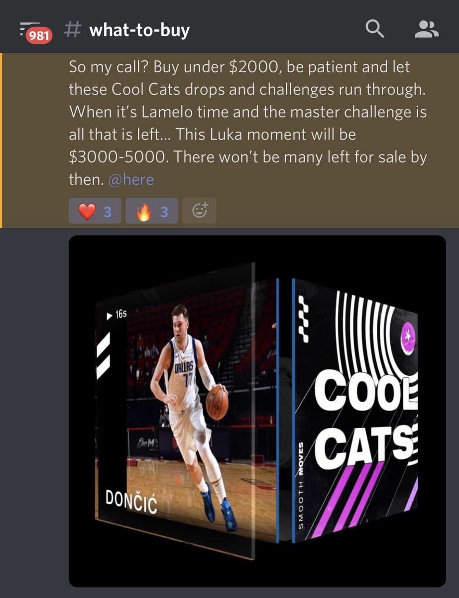 Tuesday, February 16, we advised our members in the TSIC Discord to buy Luka Cool Cats when lowest ask was $1800. 🧠

Thursday, February 18 at 9:35pm EST, Luka Cool Cats lowest ask is $4,750...

A 164% ROI in 2 days... 🚀🌕

DM if you’re interested in joining TSIC💎
#NBATopShot