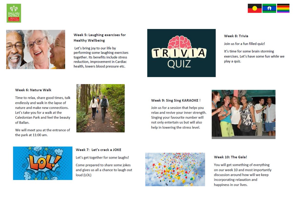 NEW - Relax, Revive and Strive! A relaxation and mindfulness series to benefit your health and wellbeing. Let our team guide you through meditation, massage, nature walking and more! If you're interested, contact us on 5366 7907 or at salles@bdhc.com.au See flyer for more info.