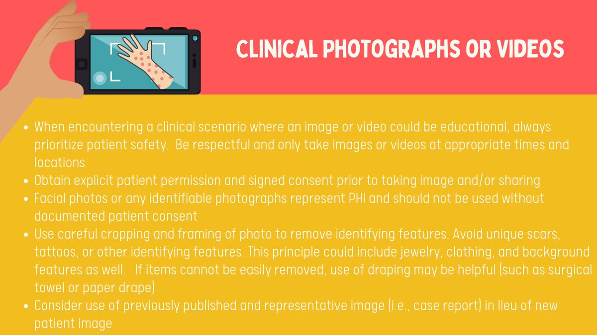 6/Next, we tried to think about how and when to use clinical images. We advocated that collecting images and posting on social media should be discussed with a pt like any other informed consent, which can be easily stored in their EMR.