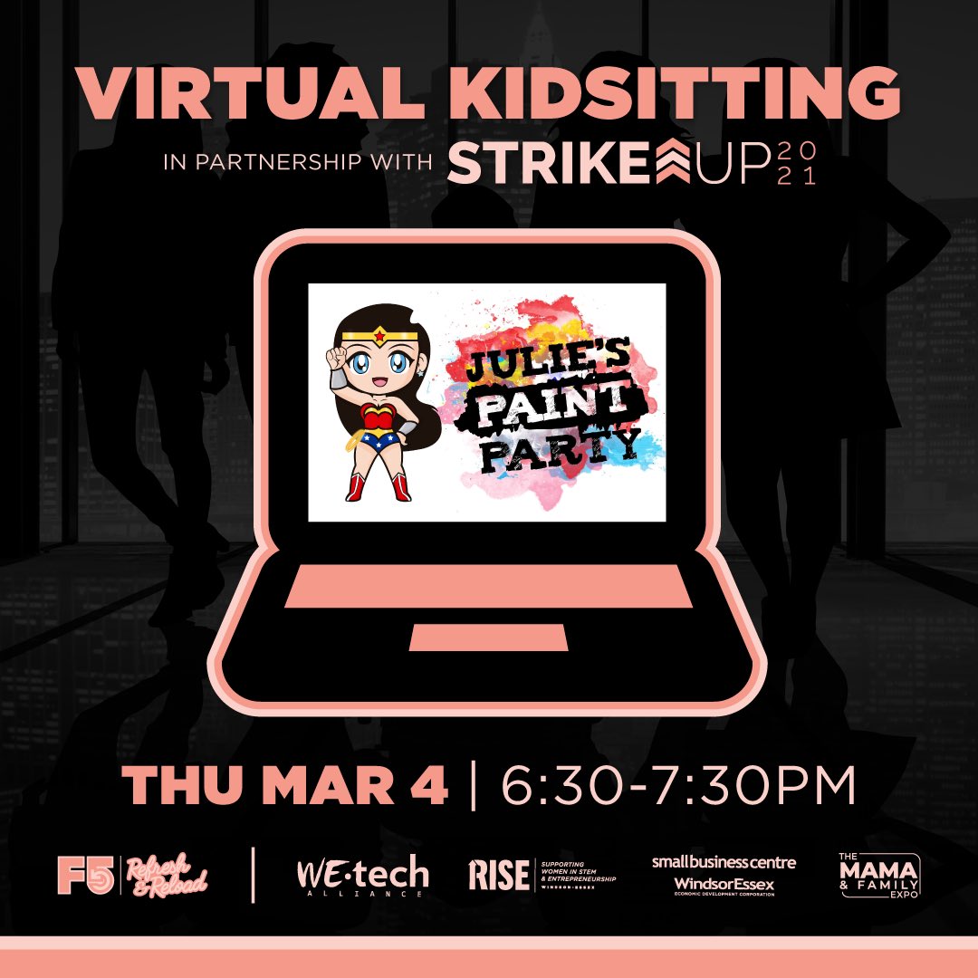 YvonnePilon's tweet photo. SAVE THE DATE | March 4 @ 6:30PM! 

We’ve partnered with @StrikeupCanada to host a special virtually kidsitting activity. 

Join Julie’s Paint 🎨 Party for an hour where kids (+ parents) will get the chance to paint/colour #WonderWoman in celebration of International Women’s Day. https://t.co/3fhYY1l1zI