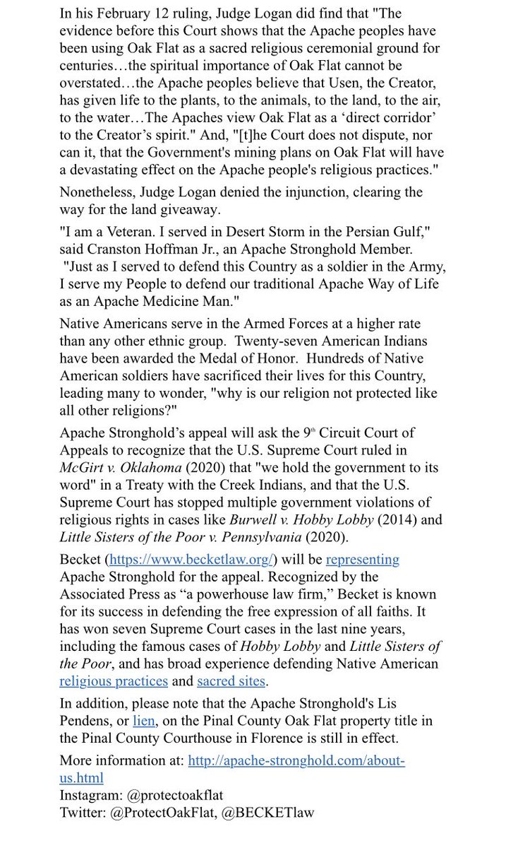 “I am a Veteran. I served in Desert Storm in the Persian Gulf,” said Cranston Hoffman Jr., an Apache Stronghold member. “Just as I served to defend this country... I serve my people to defend our traditional Apache way of life as an Apache medicine man.”