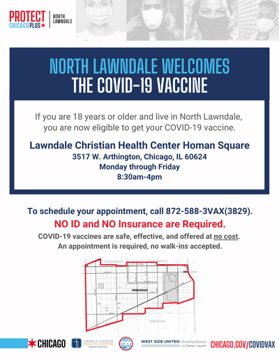 WSUnitedChi's tweet photo. ❗️#COVID19 vaccines are now available at the Lawndale Christian Health Center Homan Square for North Lawndale residents ❗️ details below for more information on how to get yours: https://t.co/SENKtmCPSb