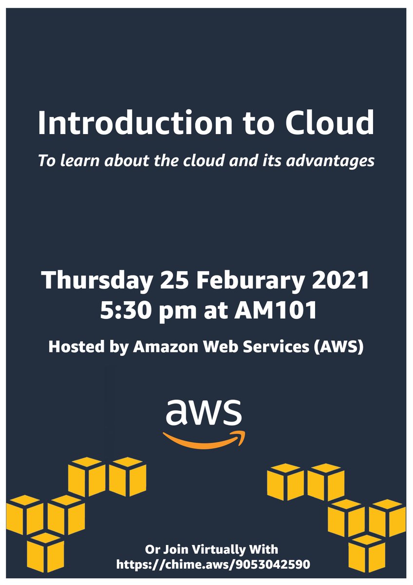 Want to learn about the cloud but don't know where to start? ☁️ Come along to the AWS Introduction to Cloud event on Thursday 25th February at 5:30pm in AM101 at VUW Kelburn campus! Or join online virtually at: chime.aws/9053042590