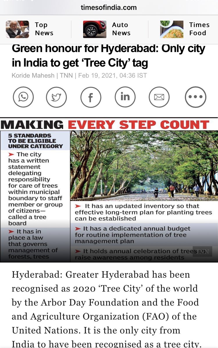 PuttaVishnuVR's tweet photo. Besides being known as the #PearlCity, #Hyderabad is tagged as the World’s most #DynamicCity by @JLL &amp; Creative City of #Gastronomy by @UNESCO👏

Now, the #TreeCity of the World by @arborday foundation in recognition of 2.4 Cr saplings planted in the city.
#HarithaHaaram
@KTRTRS https://t.co/xBHGJpezf3