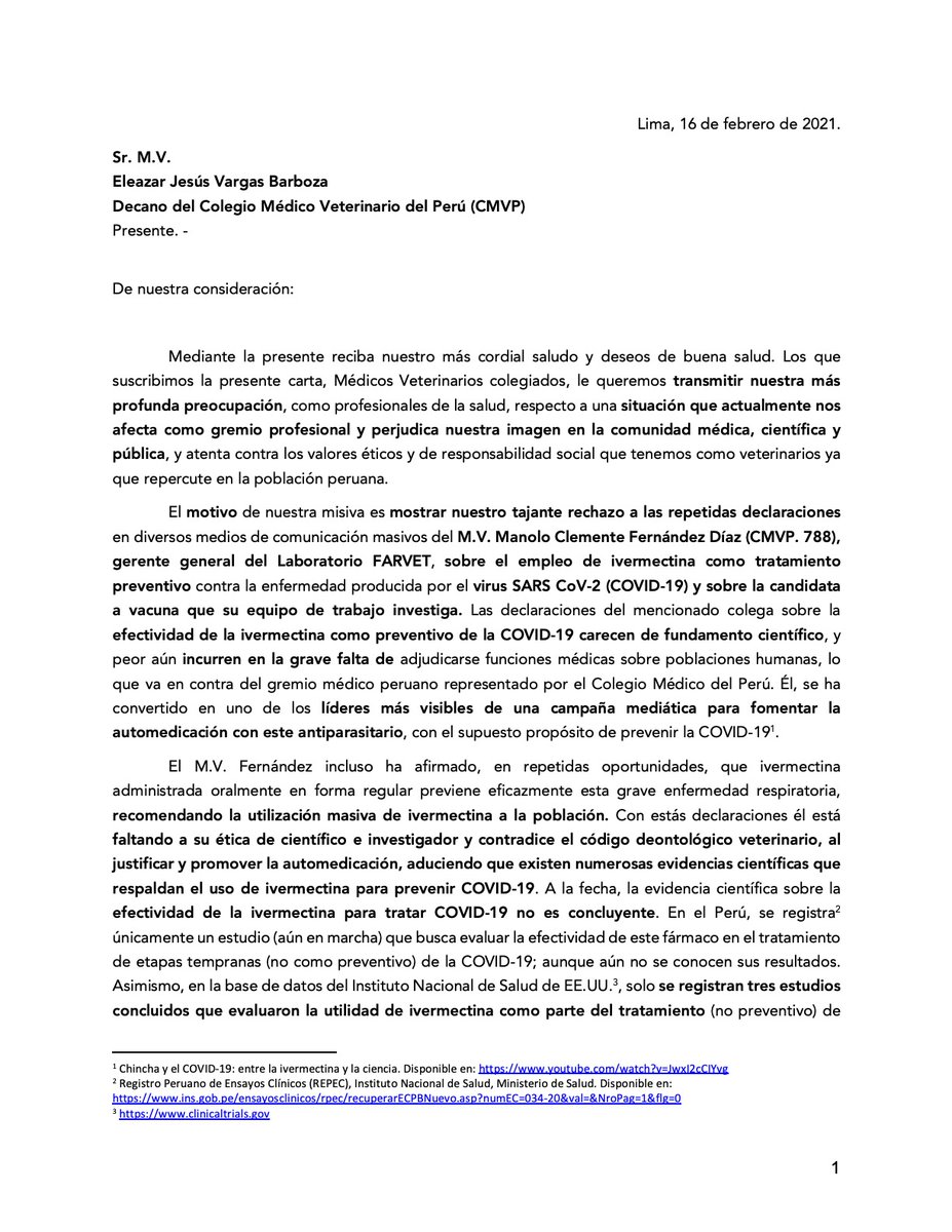 VetPeruCiencia's tweet photo. Somos un grupo de Med. Veterinarios que promovemos la ciencia basada en evidencia. Hacemos pública la carta enviada al Col. Med. Veterinario del Peru @MdicoVe1 rechazando las declaraciones del M.V. Manolo Fernandez sobre el uso ivermectina para prevenir COVID-19(1/5) #VetCiencia https://t.co/gIT9lIc9mm