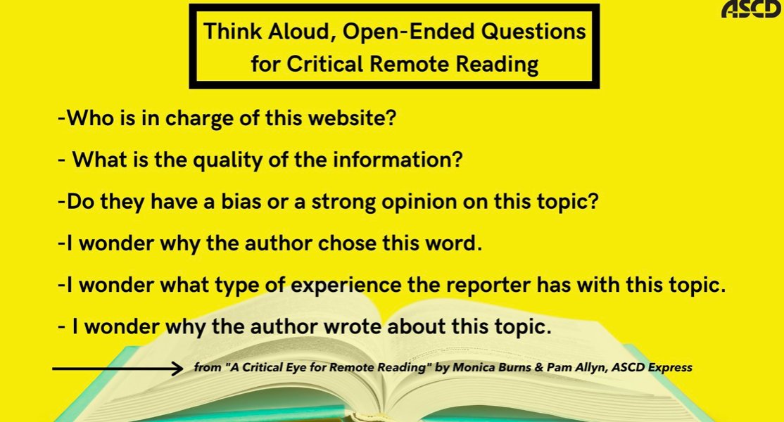 These <a href="/ASCD/">ASCD</a> "Open-Ended Questions for Critical Remote Reading" can kickstart some serious reading inquiry! What resources have supported your Ss in thinking critically? ascd.org/ascd-express/v…

 #TeacherPD #TeacherLeader #TeacherTwitter