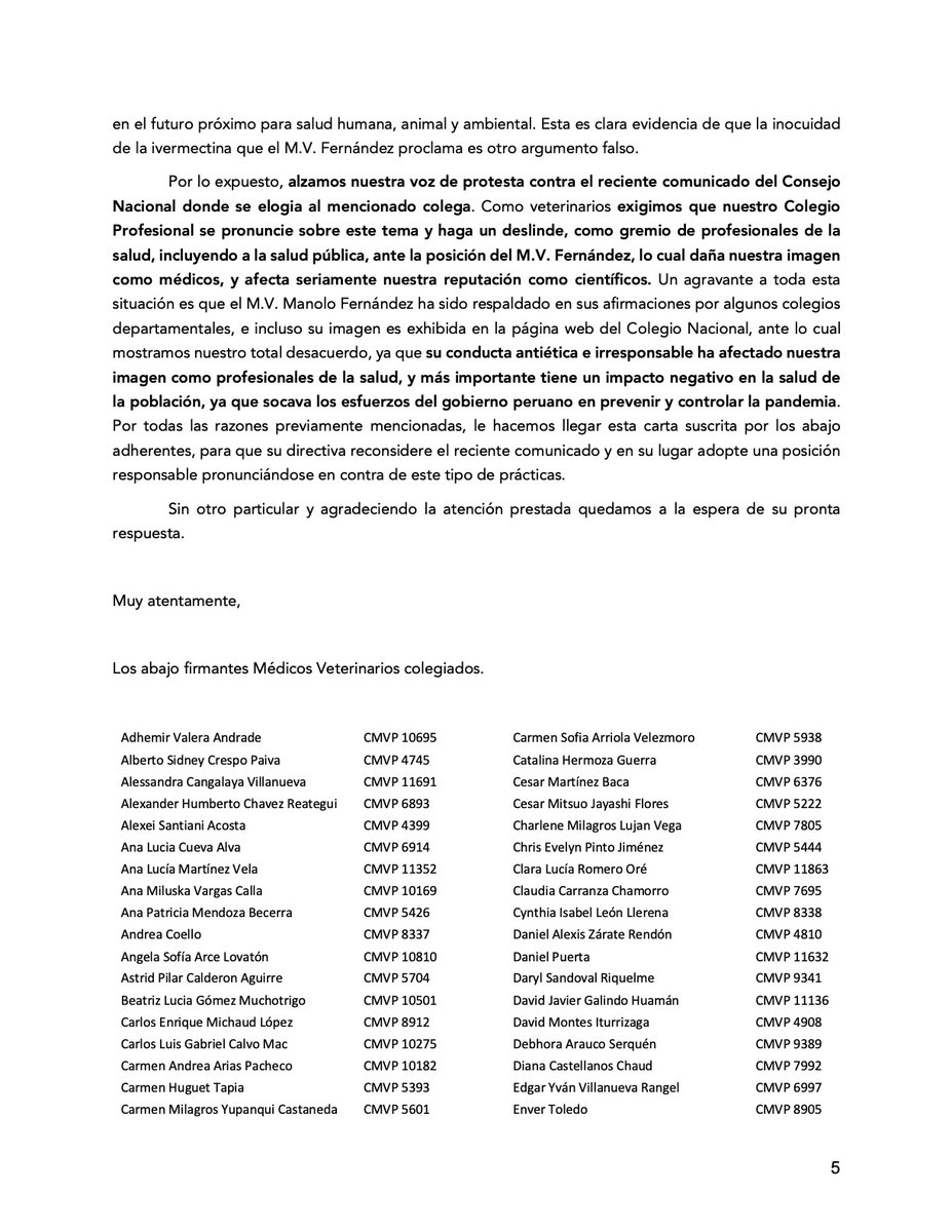 VetPeruCiencia's tweet photo. Mas de 120 veterinarios (cientificos, clinicos, microbiologos, inmunologos, epidemiologos, de fauna silvestre y otras ramas veterinarias) mostramos nuestro desacuerdo con M. Fernandez por promover la automedicación en la población con ivermectina (2/5) #NoALaAutomedicacion https://t.co/x8pb3rrZXM