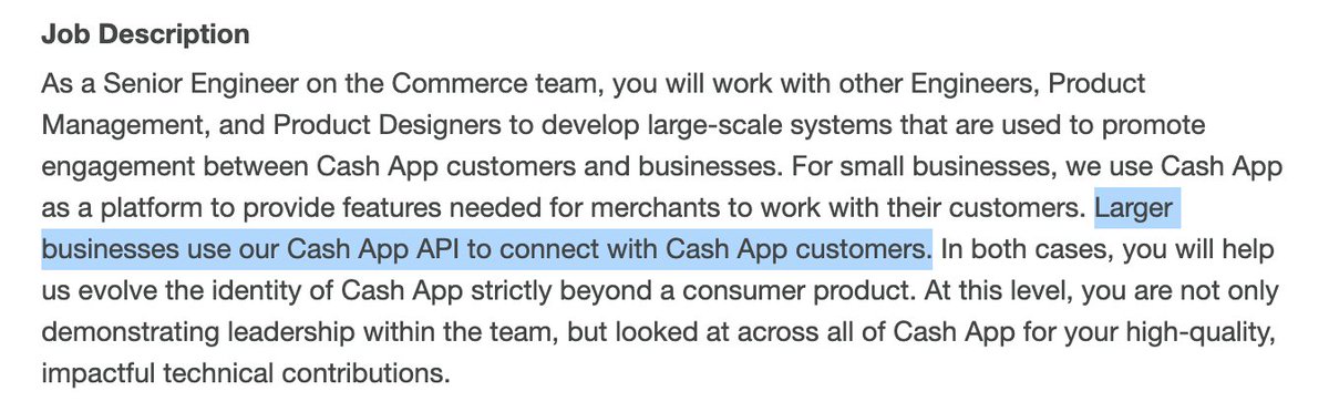Talking about organic demand aggregation, don't forget about another competitor coming into this space: Cash App.Cash App clearly has ambitions two grow its merchant network beyond the Square platform, read from "commerce" job description below.