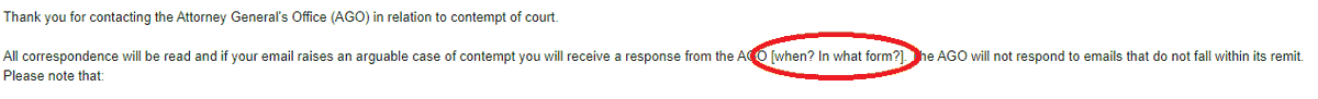 Reported a likely contemptuous tweet regarding a live court case on 20th Jan to @attorneygeneral. Court case concluded on 11th Feb. Email received from AG on 16th Feb thanking me for my email with stock text they hadn't even amended. British justice eh? 🤔 cc @BarristerSecret