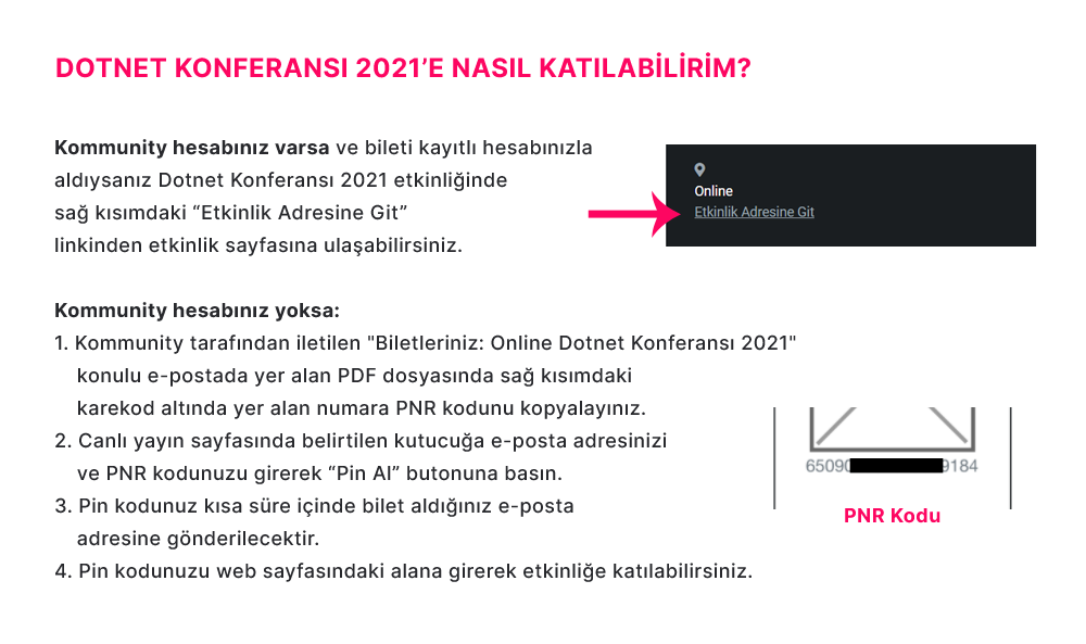 dotnetkonf's tweet image. Dotnet Konferansı yarın saat 09:50&apos;deki açılış konuşmasıyla başlayacak. Daha önceden Kommunity Live kullanmayanlar için etkinlik sitesine erişimle ilgili bir görsel hazırladık.