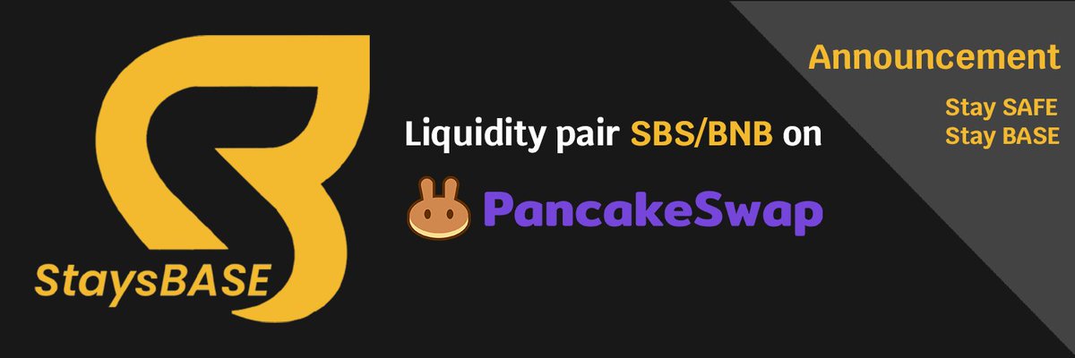 The liquidity pair $SBS/BNB is open on <a href="/PancakeSwap/">PancakeSwap</a>!

You can now join #StaysBASE from another DEX and participate in the first rebase project on #BSC!

📊 Buy $SBS using #BNB here:
t.ly/2CgJ

📲 Join our Telegram:
t.me/StaysBASE

$CAKE <a href="/cz_binance/">CZ 🔶 BNB</a> <a href="/binance/">Binance</a>