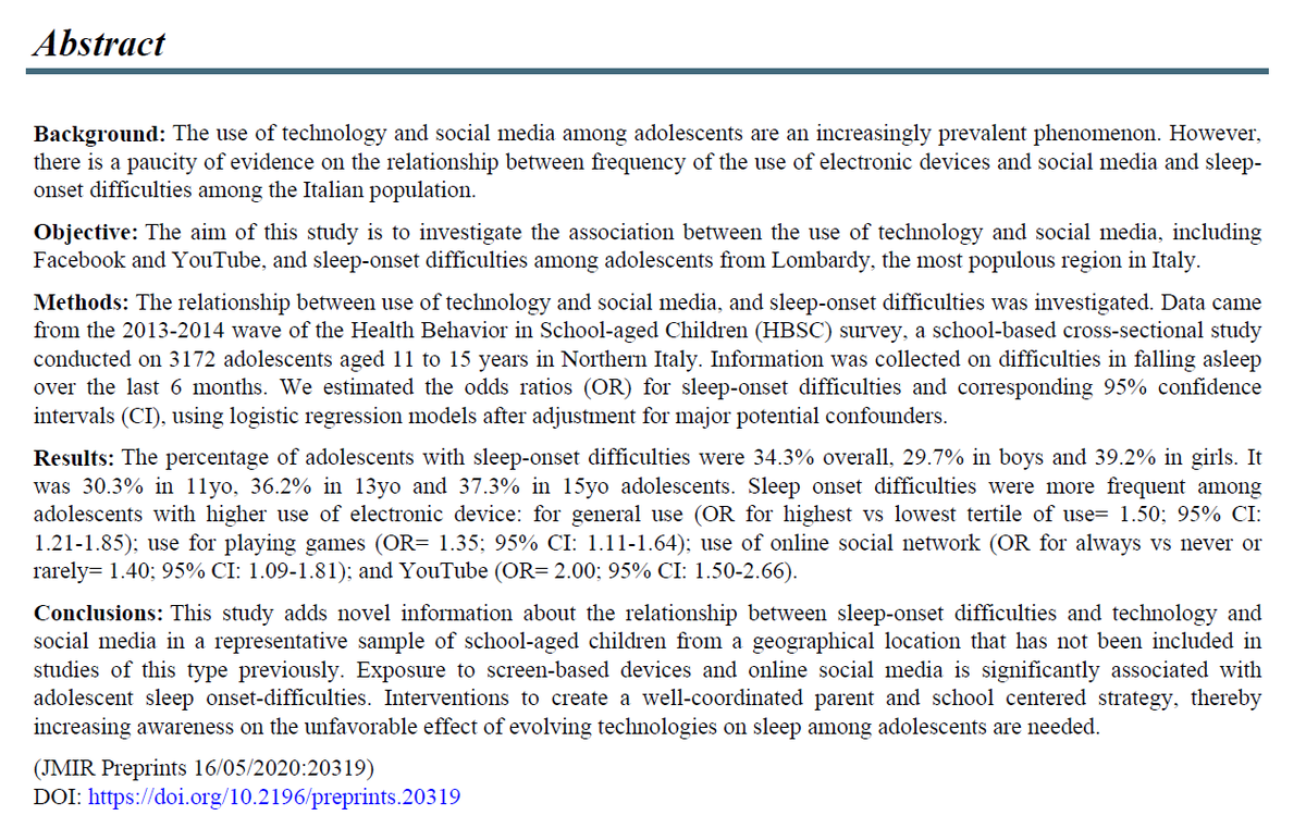 ETN_IQCE's tweet photo. We present you the next scientific paper: "The Role of Technology and Social Media Use in Sleep-Onset Difficulties Among Italian Adolescents: Cross-sectional Study" by our IQCE fellow Nirosha Varghese. 
Enjoy the reading!
https://t.co/2jCwVGM4rg

#socialmediause #studyonsleep https://t.co/qwHGfwvdHc