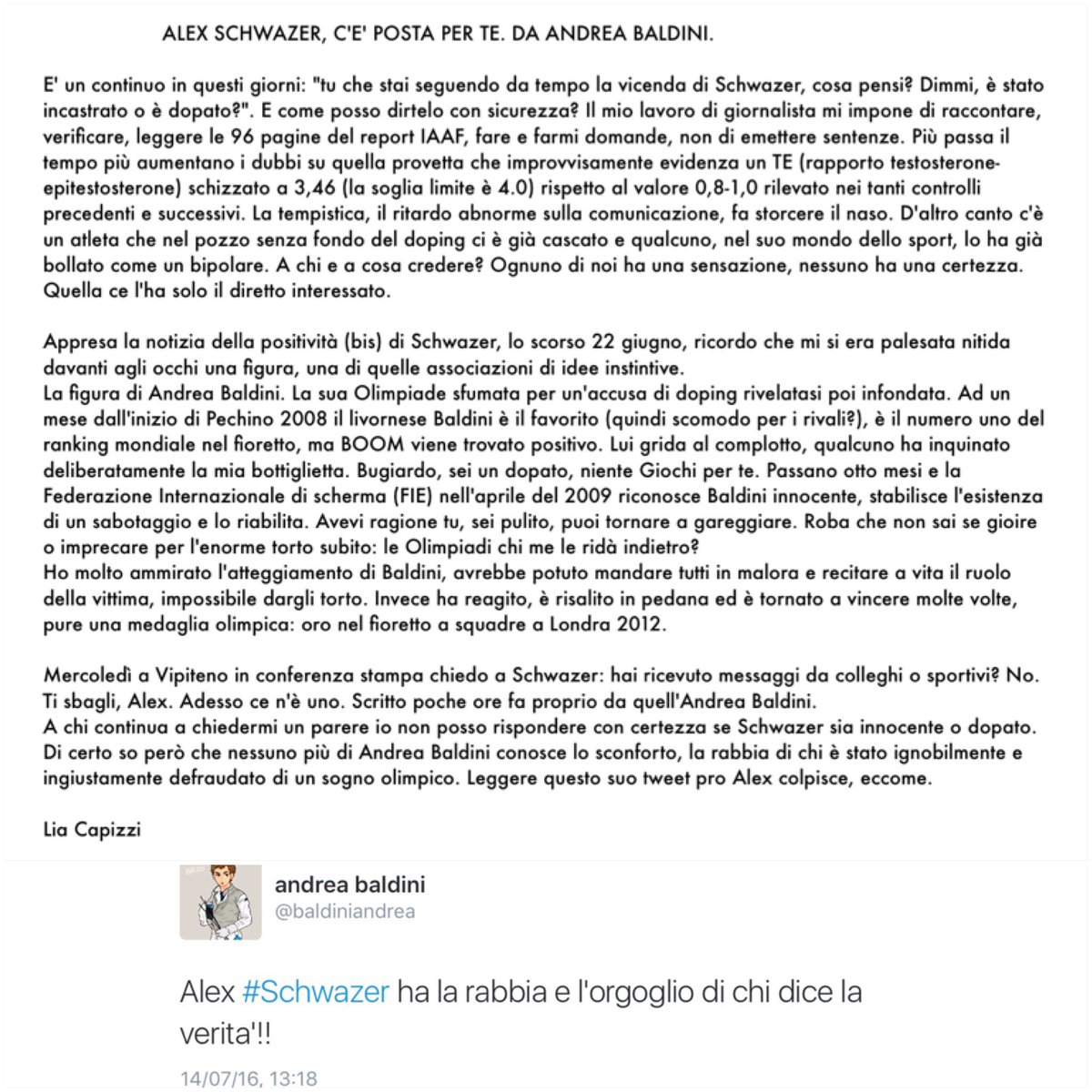 Una cosa devo dirla, pubblicamente. Come pubblicamente nel luglio 2016 il campione di scherma Andrea Baldini si spese per Alex Schwazer. Proprio lui che 8 anni prima aveva vissuto l'incubo di un complotto. 
Baldini si è rivelato un grande uomo, anche dopo

x.com/LiaCapizzi/sta…