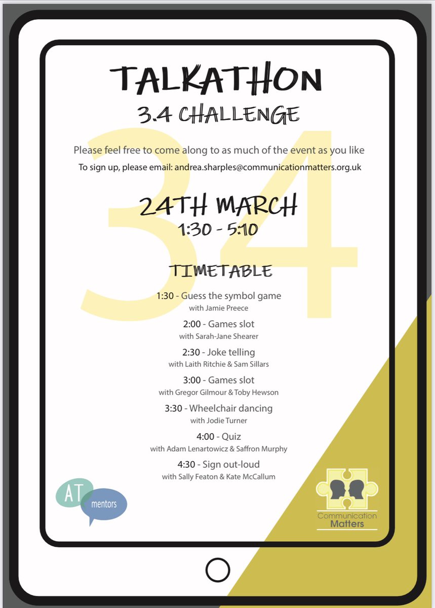 ATtherapyAndrea's tweet photo. 34 days to go to the 3.4 Challenge Talkathon!!! Help us raise money for an amazing charity Communication Matters. This is open to AAC users, friends, family and professionals - please share so we can get as many people as possible! which parts do you want to join?? #saveCM https://t.co/sKG9ODtRWj