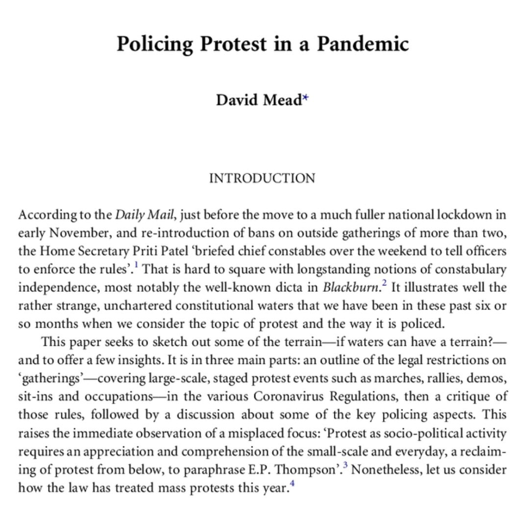 Kings Law Journal - special issue on the legal issues thrown up by Covid 

I have a 6000 word piece: “Policing Protest in a Pandemic”

doi.org/10.1080/096157…

For those without free access, I have 50 free e-prints to give away

#protest #foaa #publicorder #policing #assembly