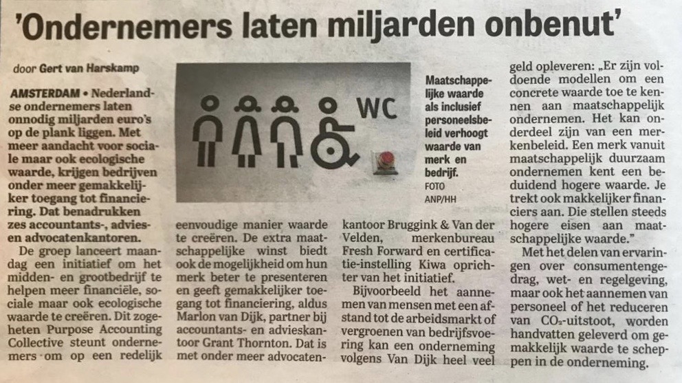 Als partner in het Purpose Accounting Collective (PACC) zetten wij ons in voor financiële, ecologische en sociale waardecreatie. En dat begint met het meetbaar en inzichtelijk maken van de impact van merken en organisaties. Nieuwsgierig naar jouw impact? 
 bit.ly/3auLqvT