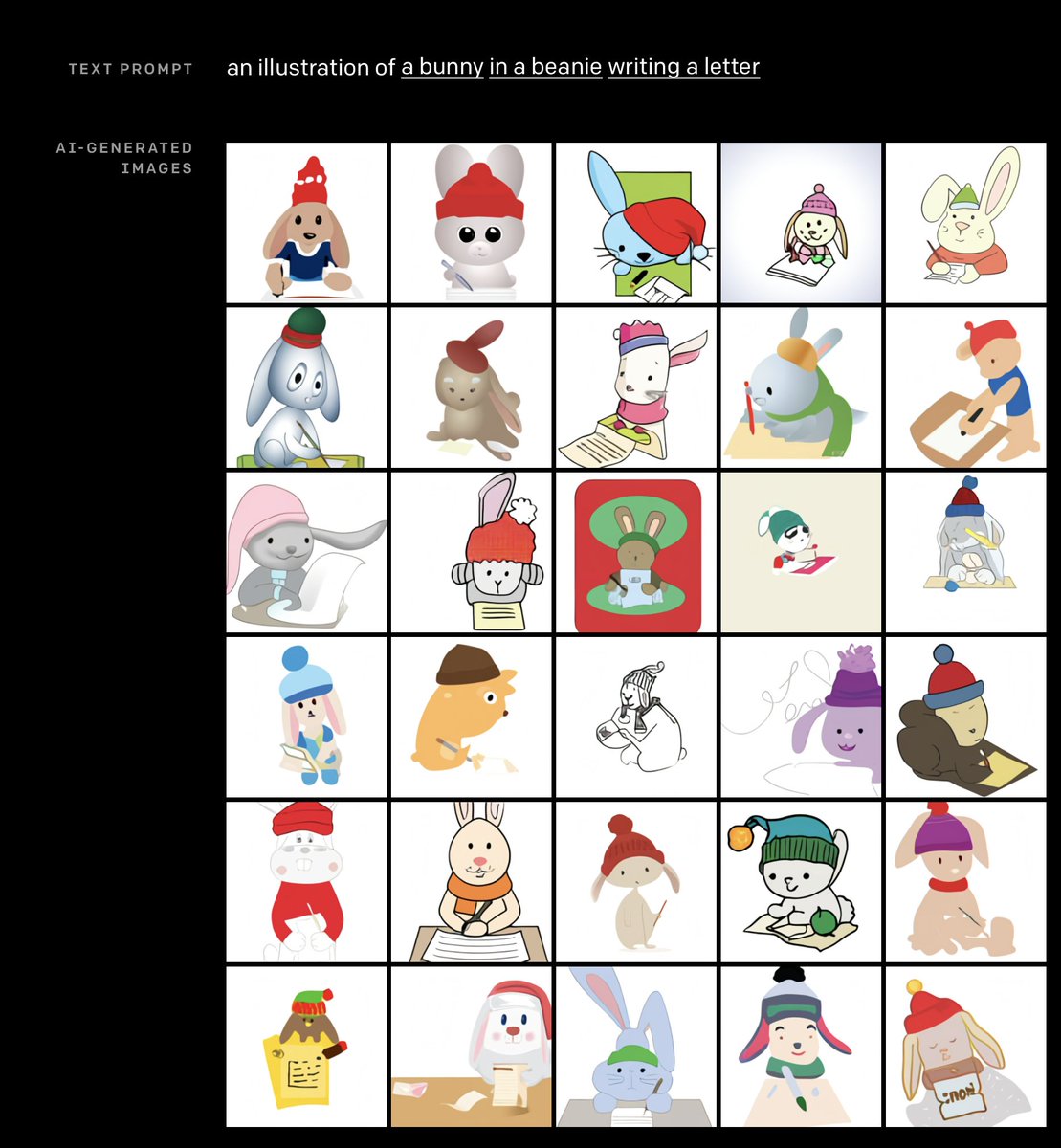 SusanYoominIm's tweet photo. Bunnies by neural network DALL-E. Would be nice to be able to create with a caption like: an illustration of a mini lop bunny in the style of Yoshitomo Nara with Bichon Frise-like fur and a contemplative expression wearing a Delft blue beanie writing a letter on parchment. https://t.co/wvpqBMXRrq
