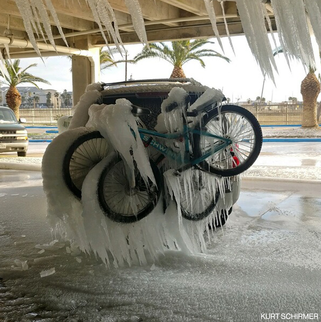 ABC's tweet photo. 📸: A Texas resident found their SUV frozen in ice after pipes burst inside a Galveston parking lot during devastating winter storm. https://t.co/CvNUdSWNgr https://t.co/1xV1RIkoY5
