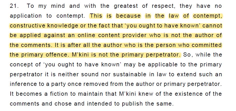 4. On a more technical/legal note, online news portal shouldn't be liable for contempt (a very serious offence which can result in imprisonment) for mere 3rd party comments. Justice Nallini, in dissent, to my mind correctly held: