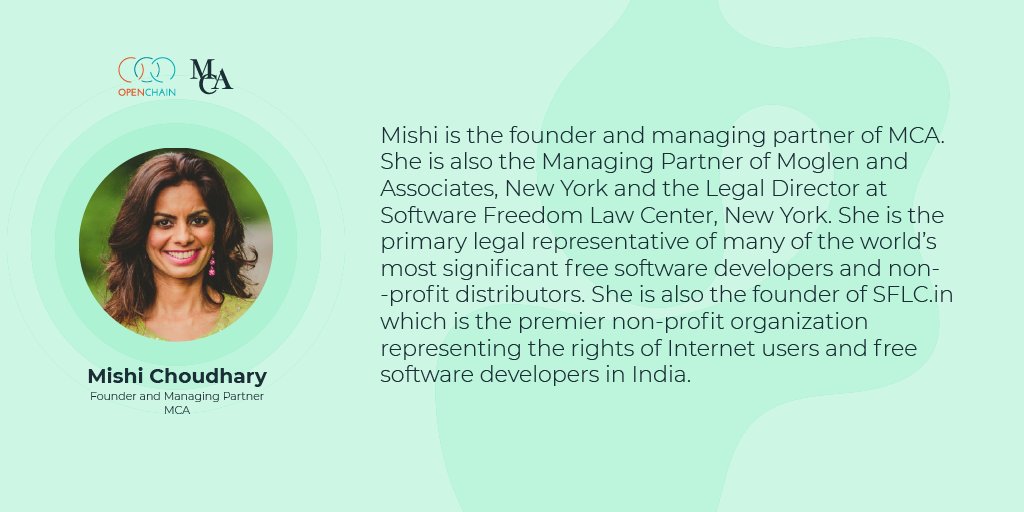 mcalawfirm's tweet photo. #KnowYourSpeaker 
@MishiChoudhary is the founder &amp; managing partner of @mcalawfirm. She is the primary legal representative of many of the world's most significant free software developers &amp; non-profit distributors.
@openchainproj
#events #startup #DigitalIndia #FOSS https://t.co/5THl1C0u2k