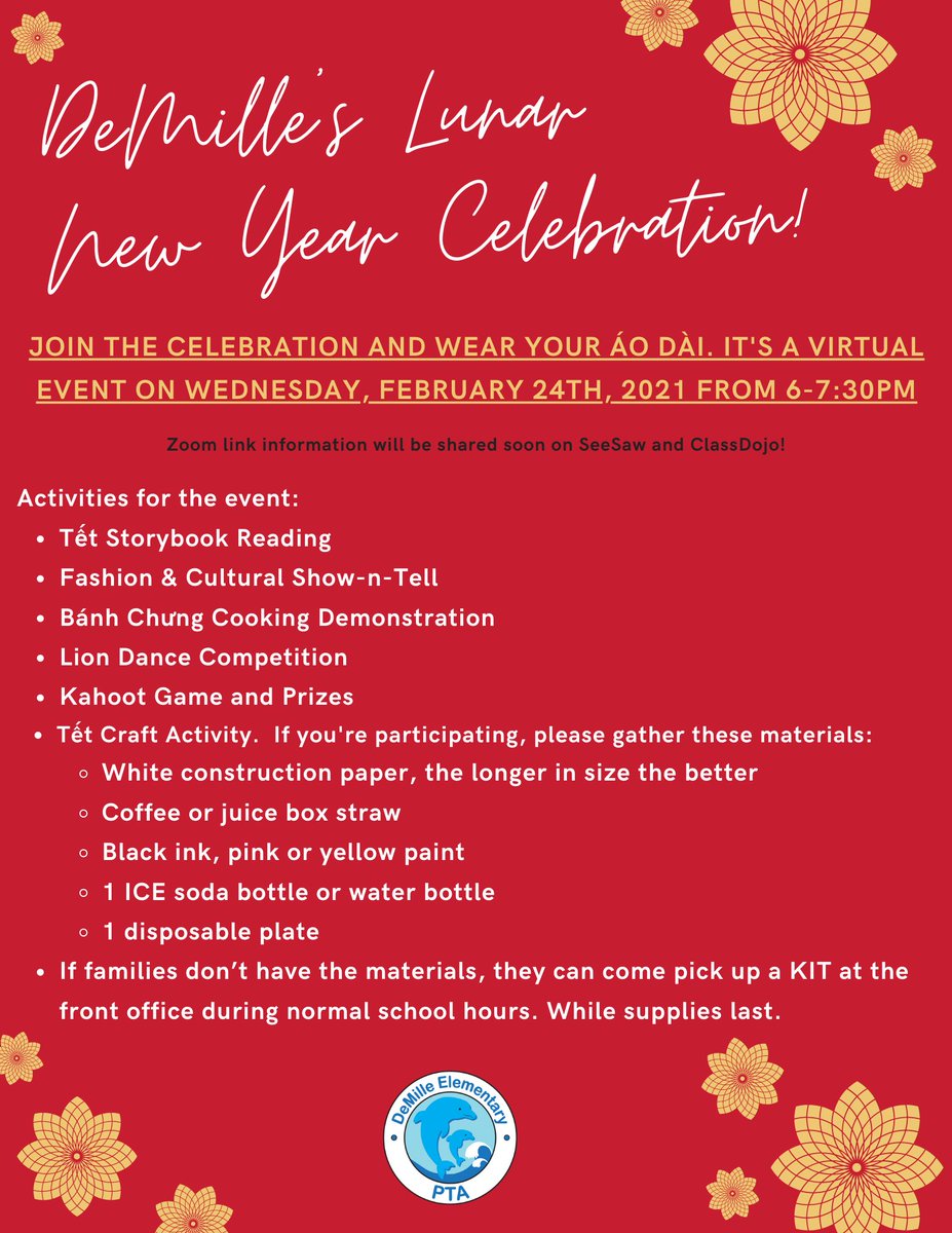 DemillePTA's tweet photo. DeMille PTA invites our parents and students celebrate 2021 Lunar New Year with us.  Please join us on Wednesday, February 24 from 6 to 7:30pm.  Zoom link will be sent out via SeeSaw and ClassDojo.  If you would like, please wear your Áo Dài. https://t.co/NVJEZ7bLuq