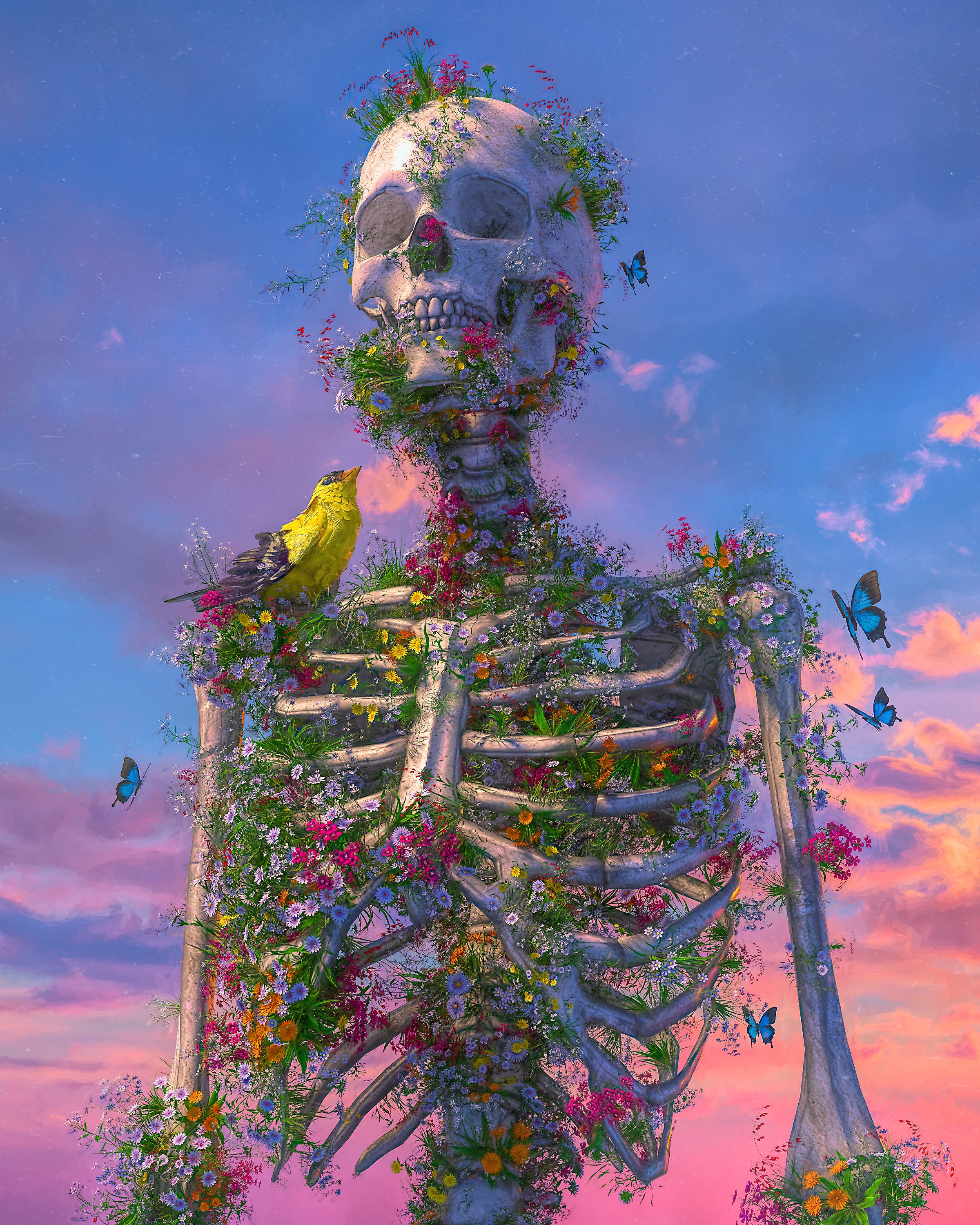 Alive by Beeple – digital artwork of a skeleton growing flowers in ribcage and on bones with a bird perched on its shoulder