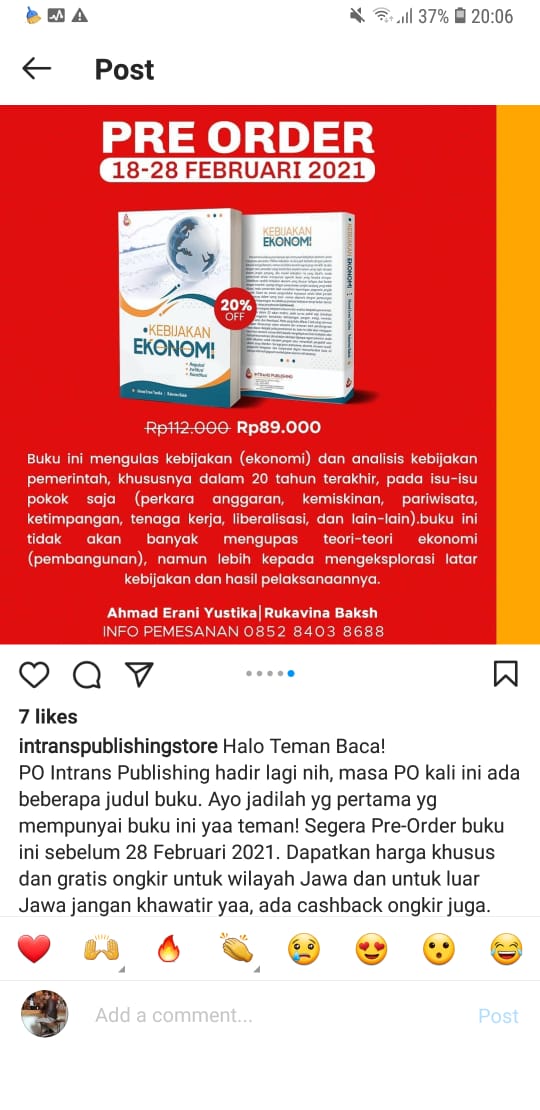 “If you don’t like to read, you haven’t found the right book”  ~~ J.K. Rowling
-------
Sila yang tertarik memesan buku kami: "Kebijakan Ekonomi". Risalah ini mencoba merekam kisah kebijakan ekonomi Indonesia yang penting dalam 20 tahun terakhir. Terima kasih <a href="/penerbitintrans/">Intrans Publishing</a>