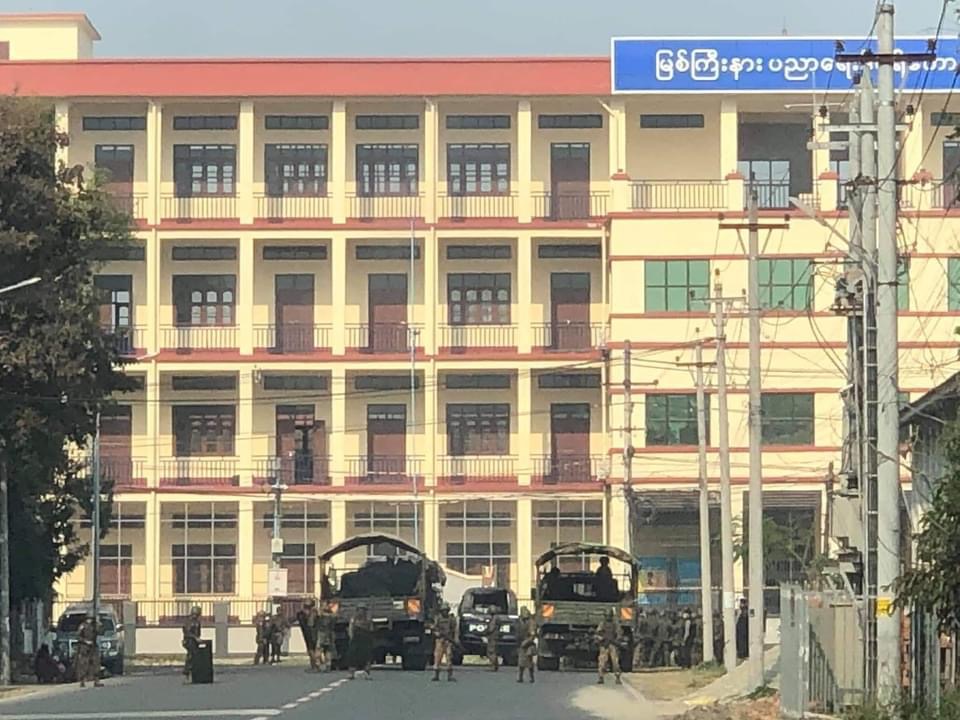 UPDATE: Two Myitkyina Education Degree College teachers were arrested by the police early on Friday while preparing to protest against the military regime. The college is heavily guarded by the authorities to stop staff from joining the protests. #WhatIsHappeningInMyanmar