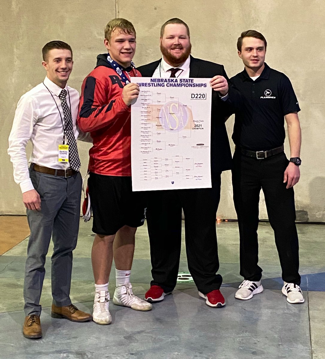 PCS_Pride's tweet photo. Congrats to Brandon Knoles — your Nebraska 2021 Class D220 State Champion (33-4)!  🏆  We’re so proud of you and your coaches!  

(L to R):  Assistant Coach Thelander, STATE CHAMP KNOLES, Head Coach Collins and Assistant Coach Cook. #plainsmenpride https://t.co/Khe4aBd3DJ