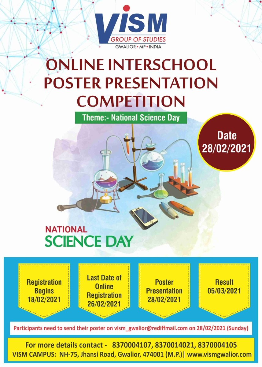 VISMGwalior's tweet photo. #VISMGroup #Online #Inter_School #Poster_Presentation_Competition 28th Feb 2021 on #National_Science_Day #nationalscienceday2021 

@DrNeerajKBansal @RakshaKulshres2 @PAWANKU60821181 @DrSunilKumarS10 @Neelesh24557065 @MulayamSinghJa3 https://t.co/ZeVjzUBcwe