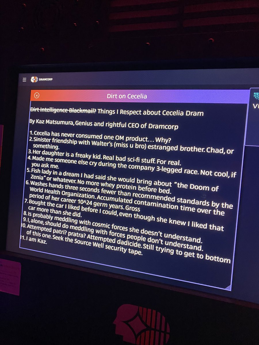 After you hack into an employee’s computer, the monolith thanks and says they’ll be in touch. You’re free to explore all of the hidden documents that show Cecilia Dram, Walter’s CEO daughter trying to explain the mysterious disappearance of her father in a chilling zoom call.