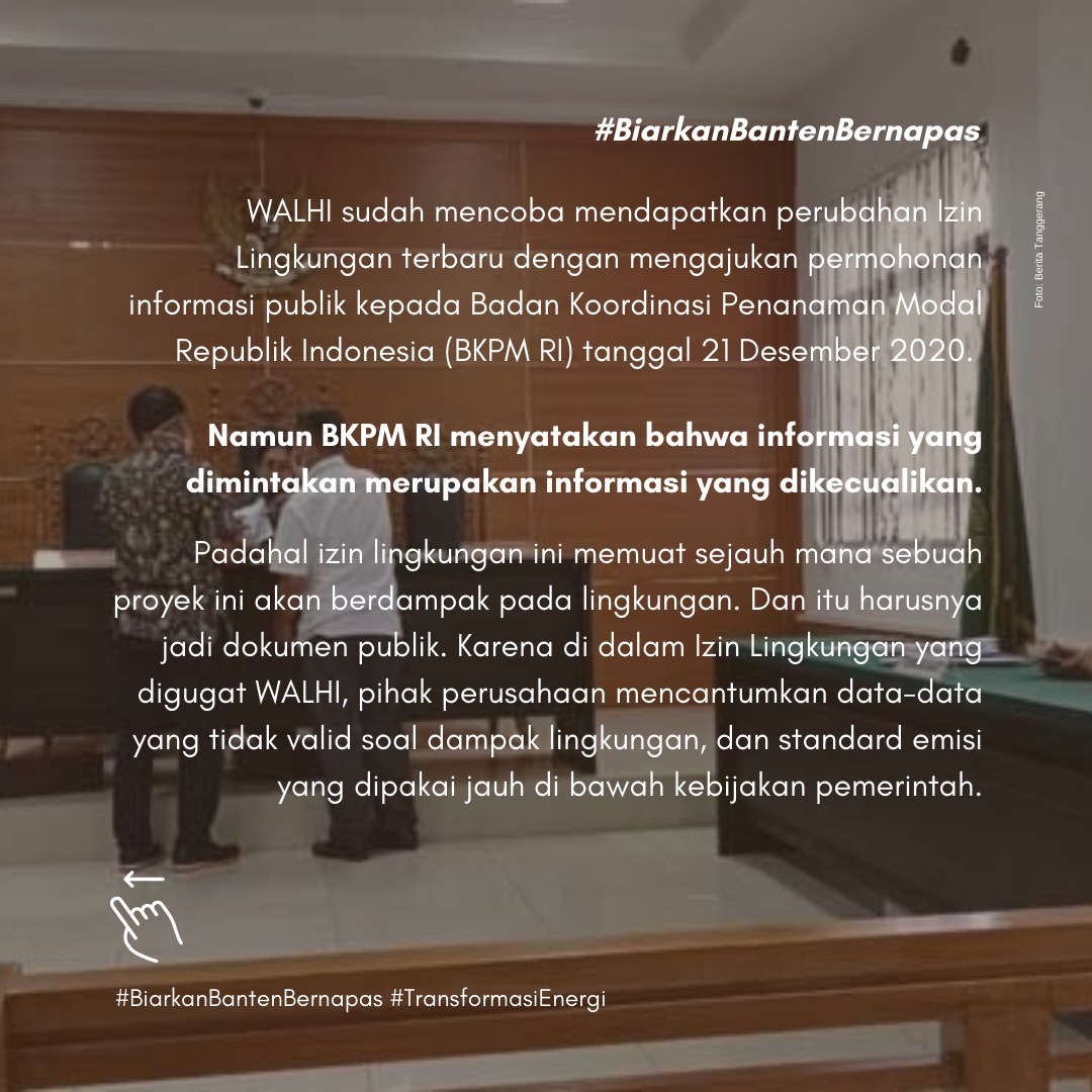 TrendAsia_Org's tweet photo. Update trbaru dari gugatan Izin Lingkungan Pembangunan PLTU Jawa 9 & 10 Banten.
Gugatan WALHI akhirnya harus dicabut coz izinnya udah diubah diem2 dan dokumen revisinya "kekeuh" disembunyiin ama
Gubernur Banten
Yuk, bantu isi petisi ini >>
https://t.co/6F0vP37xgk #savebanten https://t.co/Gam518Ivqw