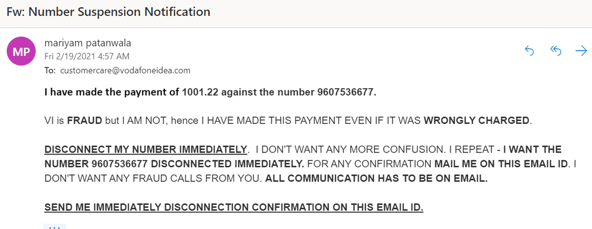 Mariyamp's tweet photo. #fraud #billing @ViCustomerCare i want my number immediately disconnected once and for all. SEND DISCONNECTION CONFIRMATION ON MY EMAIL ID TODAY #getyouracttogether #fraudpractices https://t.co/1tcI18kIqb