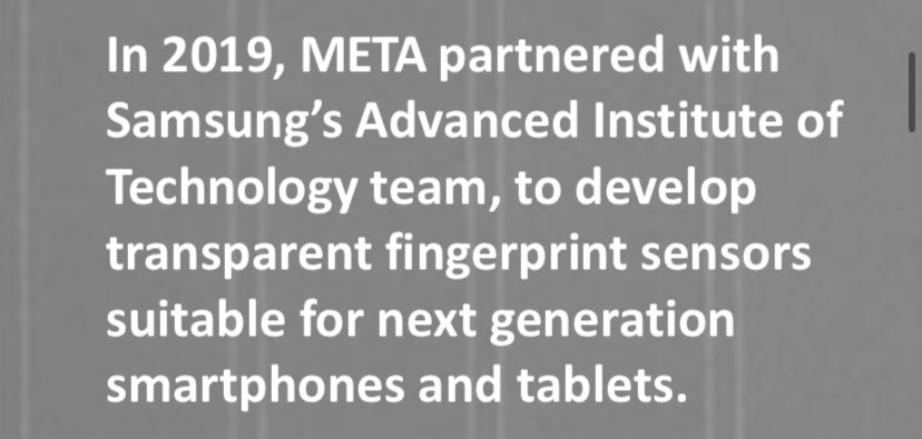  $TRCH (3): META is currently partnered with Samsung where they are working on developing transparent fingerprint sensors for future technologies. A Samsung partnership is huge.